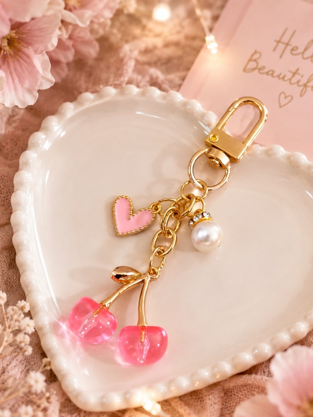 Gold Pink Cherry Charm Keychain with Pearl Accent